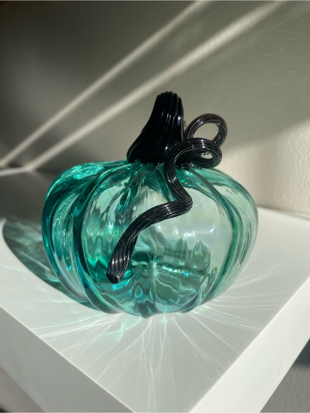 Teal Glass Pumpkin Sculpture with Dark Stem - Picture 9 of 12